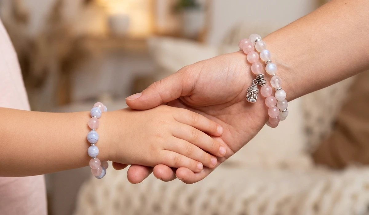 Spiritual Protection Bracelets for Children: A Guide to Safety, Crystals, and Meaning 2 - Buddha Bodhis Matching mother and child crystal bracelets featuring gentle Rose Quartz stones to foster emotional bonding and security.