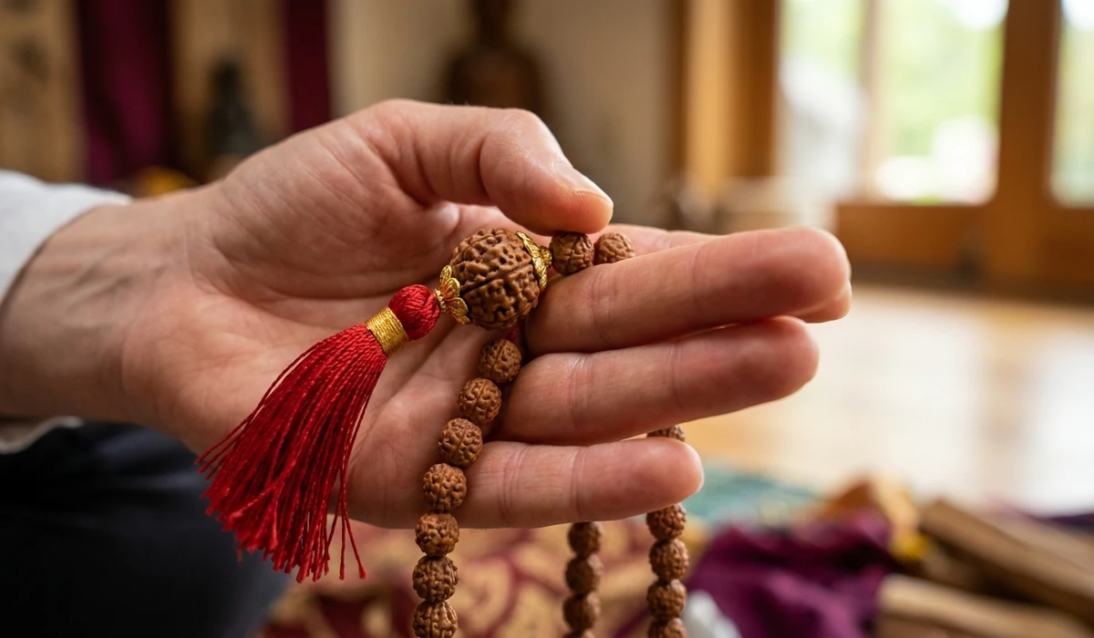How to Practice the Om Mani Padme Hum Mantra with Mala Beads 2 - Buddha Bodhis Close-up of hand technique for counting 108 mala beads during Buddhist mantra recitation.