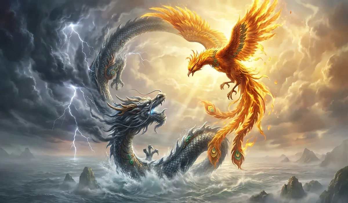 The Dragon and Phoenix: Understanding the Symbolism of Relationship Harmony and Balance - Buddha Bodhis A celestial Chinese Dragon of water and a solar Phoenix of fire forming a cosmic circle, symbolizing the ancient origins and elemental balance of the perfect pair.