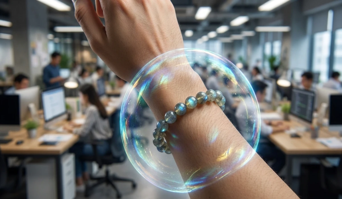 How to Use Labradorite for Aura Cleansing and Spiritual Meditation 2 - Buddha Bodhis A Labradorite beaded bracelet on a wrist generating a protective energy shield for spiritual health.