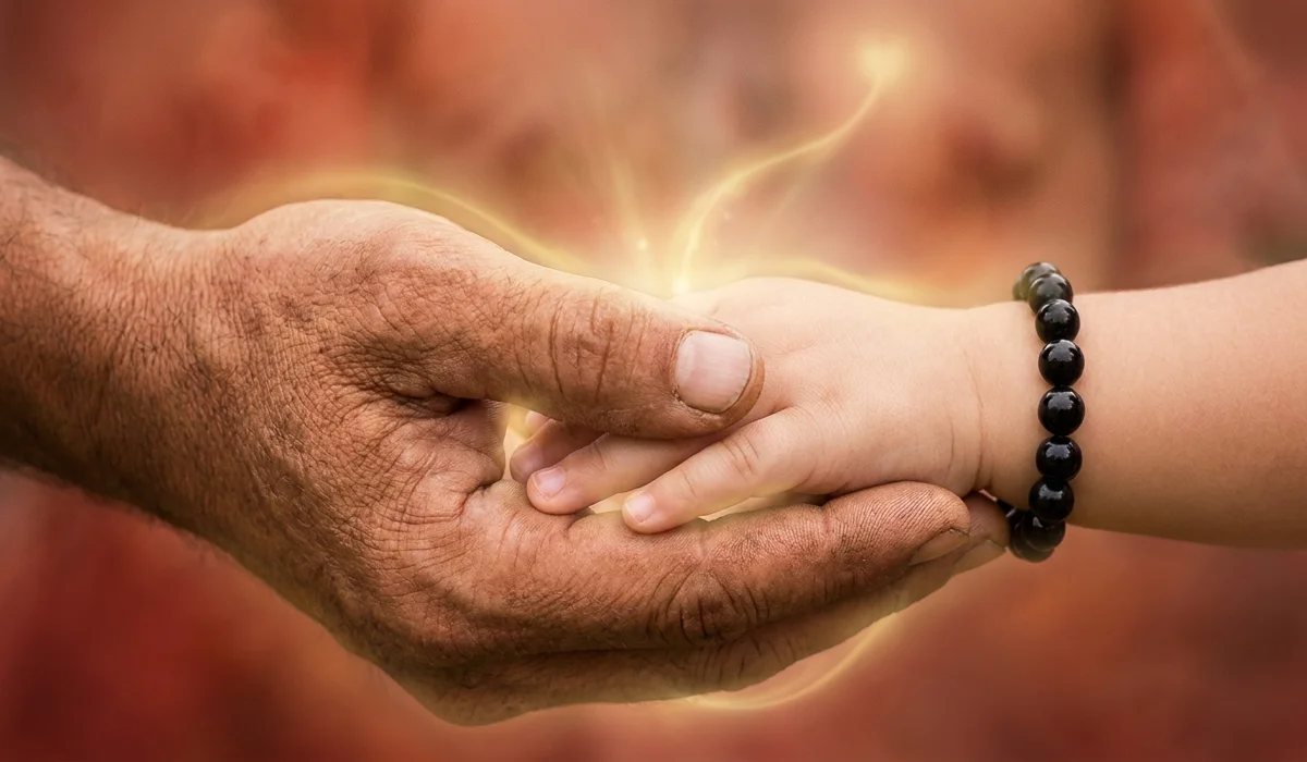 Passing Down Protection: What to Do When a Child Outgrows Their Protection Bracelet 1 - Buddha Bodhis A parent and child holding hands symbolizing a spiritual bond and protective energy connection.
