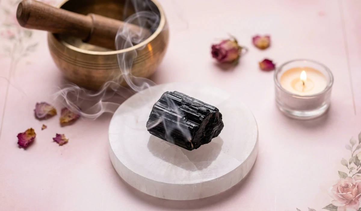 How to Meditate with Black Tourmaline for Grounding and Protection 4 - Buddha Bodhis Cleansing Black Tourmaline with sage smoke and a Selenite plate to reset its protective frequency.
