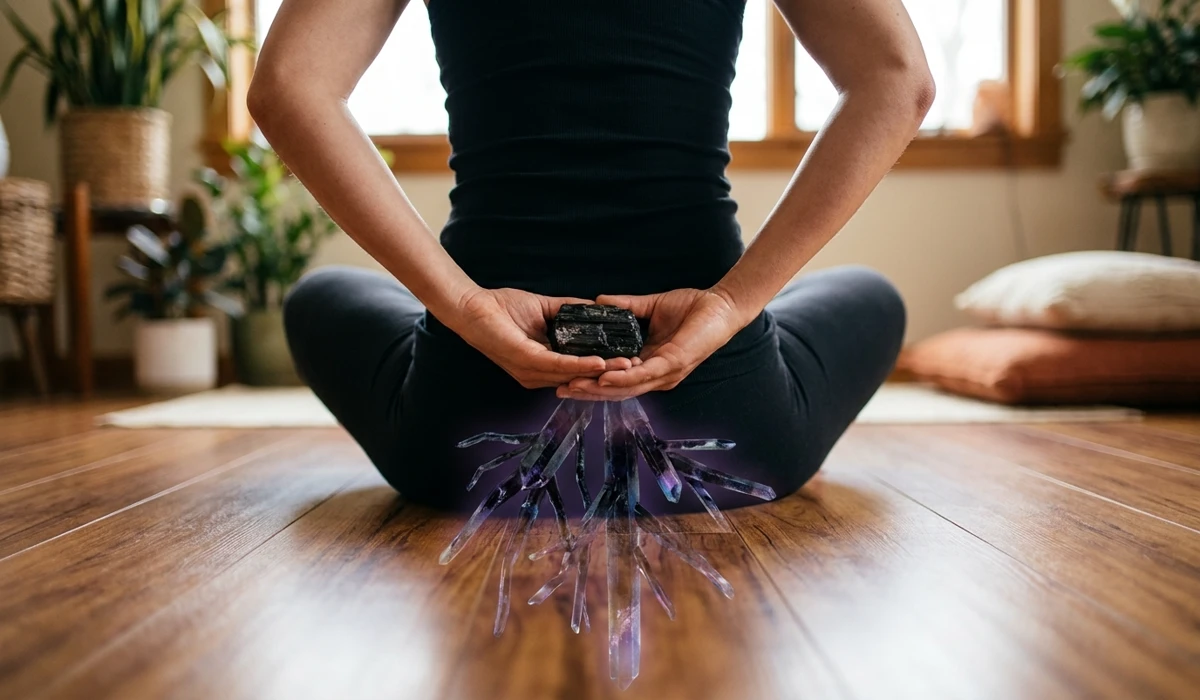 How to Meditate with Black Tourmaline for Grounding and Protection 1 - Buddha Bodhis Meditation practitioner holding Black Tourmaline and visualizing roots for grounding and emotional stability.