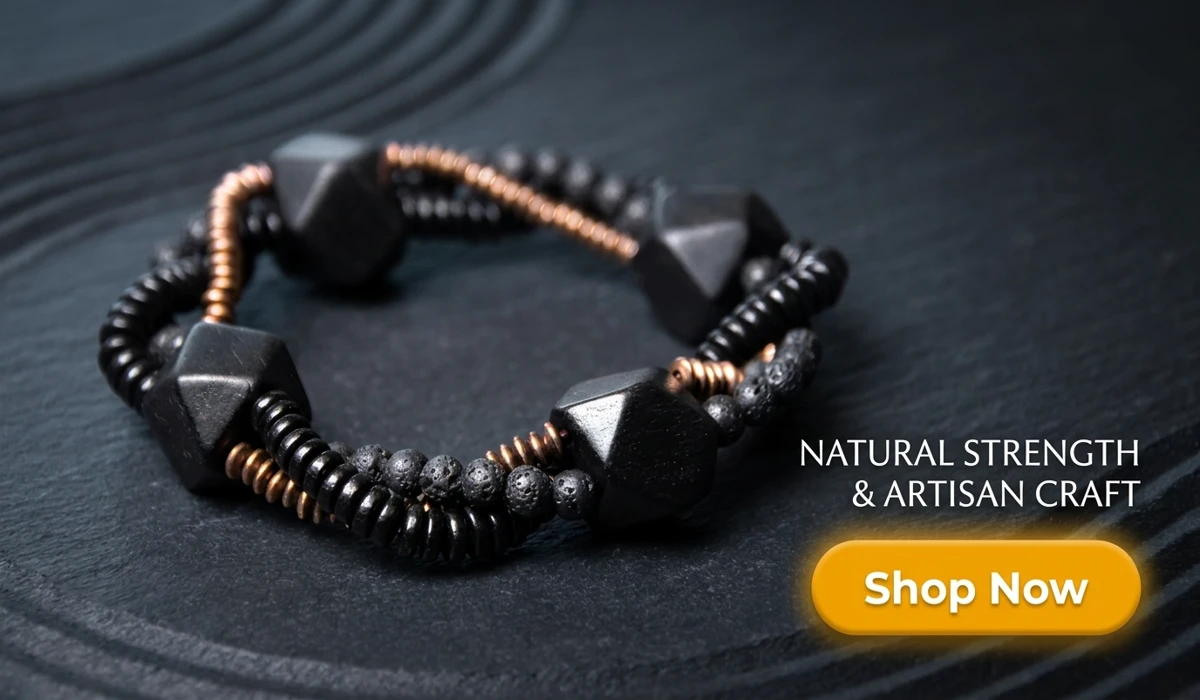 How to Use and Care for Your Essential Oil Lava Stone Bracelet 2 - Buddha Bodhis Primal Weave Ebony and Lava Stone Bracelet with copper accents on a dark stone background - High-end men's artisanal jewelry