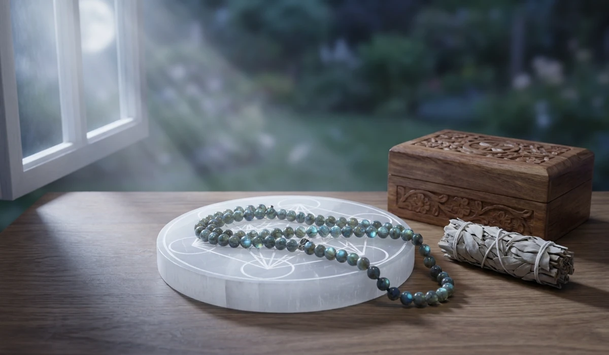 The Spiritual Meaning and Benefits of Labradorite Mala Beads for Meditation 4 - Buddha Bodhis Labradorite mala beads resting on a Selenite charging plate for cleansing and charging under moonlight.