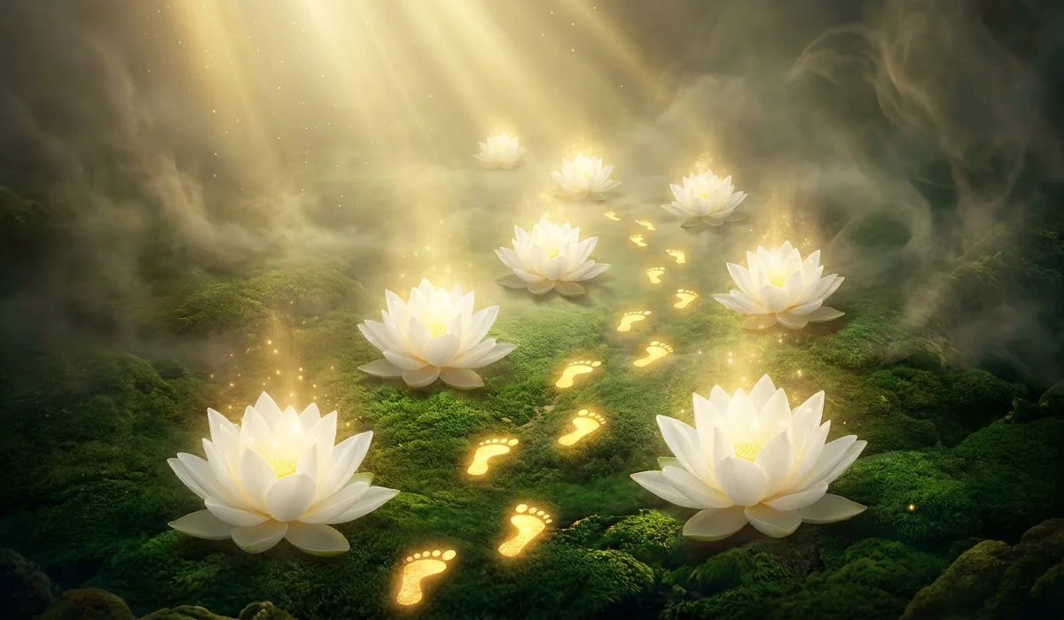 Understanding the White Lotus Flower: Symbolism and the Path to Purity - Buddha Bodhis Symbolic representation of white lotuses blooming under the first seven steps of the infant Buddha, illustrating the ancient origins of the flower's purity.