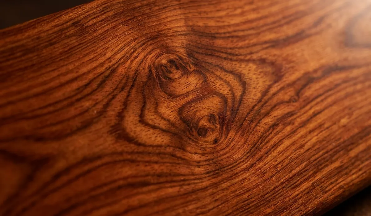 The Role of Huanghuali in Enhancing Focus and Mindfulness during Meditation - Buddha Bodhis Macro view of Huanghuali wood showing intricate ghost face grain patterns and dense texture for meditation focus.
