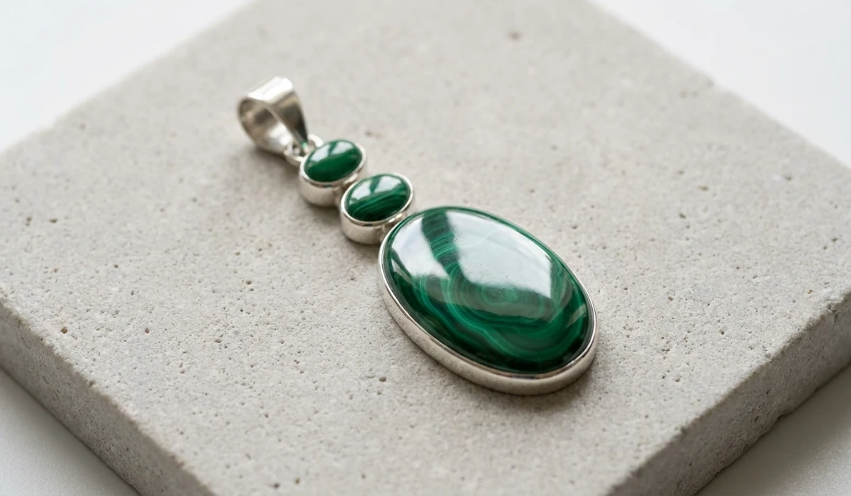 Is Malachite Jewelry Safe to Wear? A Complete Guide to Handling and Safety - Buddha Bodhis A polished malachite pendant with vibrant green swirls and a smooth finish, illustrating safe jewelry handling.
