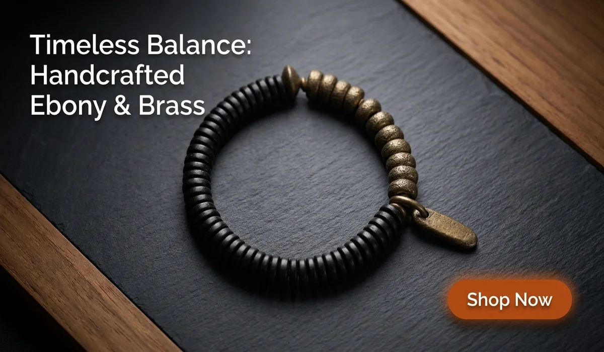 How to Use Spiritual Jewelry to Cultivate a Zen Mindset 3 - Buddha Bodhis Handcrafted Ebony and Brass Heishi Bracelet for Yin Yang Balance, featuring black wood beads and antique brass accents - Shop Now for artisanal jewelry.