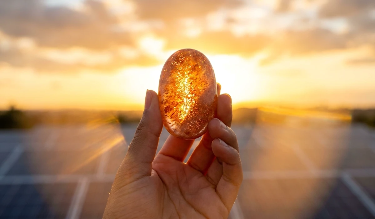 How to Identify Real Sunstone: Telling the Difference Between Natural Crystals and Goldstone 1 - Buddha Bodhis A polished sunstone held in a hand against a sunset background representing solar energy and spiritual healing.