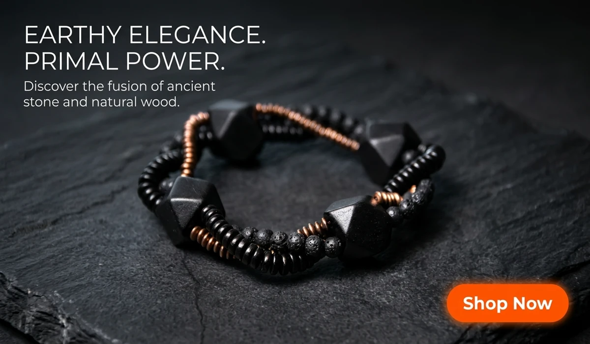 Lava Stone Mala Beads: Spiritual Meaning, Benefits, and Meditation Guide 3 - Buddha Bodhis Primal Weave: Handcrafted Ebony and Lava Stone Bracelet with copper accents, displayed on a luxury dark stone background for men's fashion blog.