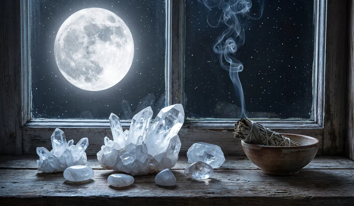 How to Use Clear Quartz for Meditation and Spiritual Growth 4 - Buddha Bodhis Clear quartz crystals being charged under full moonlight and cleansed with sage smoke to maintain high-vibration efficacy.