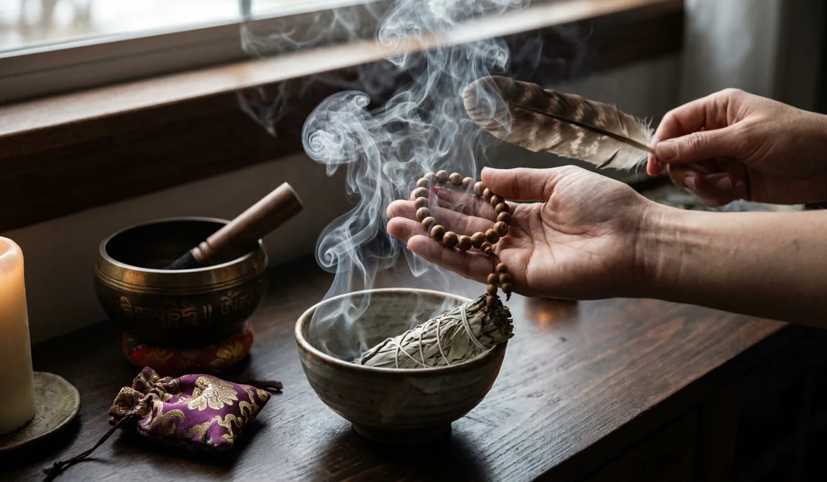 The Spiritual Significance of a Broken Mala: Understanding the Message Behind Your Wood Beads 4 - Buddha Bodhis A spiritual cleansing ritual for wood mala beads using sage smoke and a singing bowl to restore energetic alignment.