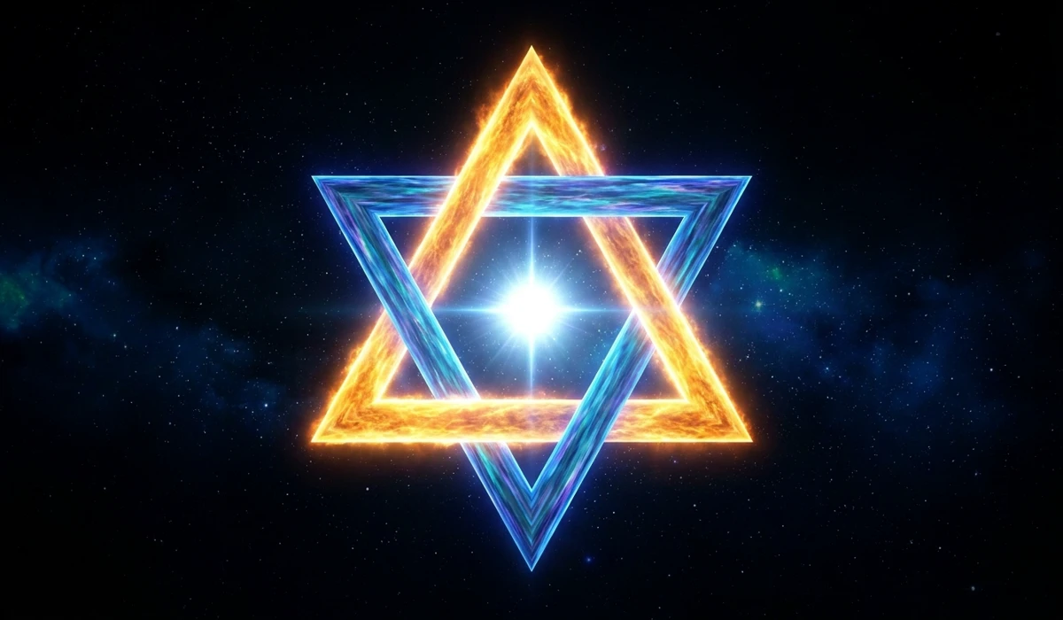 How to Use the Star of David as a Focal Point for Meditation 1 - Buddha Bodhis Sacred geometry diagram of the Star of David illustrating the union of spirit and matter through upward and downward triangles.