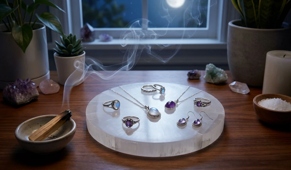 The Gentle Connection: Why Sterling Silver is the Ideal Choice for Sensitive Skin and Spiritual Practice 4 - Buddha Bodhis Sterling silver jewelry being cleansed on a selenite charging plate with sage smoke, illustrating spiritual cleansing and charging practices.