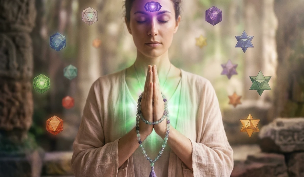 Fluorite Mala Beads: Spiritual Meaning and Benefits for Meditation 1 - Buddha Bodhis Spiritual illustration of chakra alignment and mental clarity using Fluorite prayer beads during meditation.