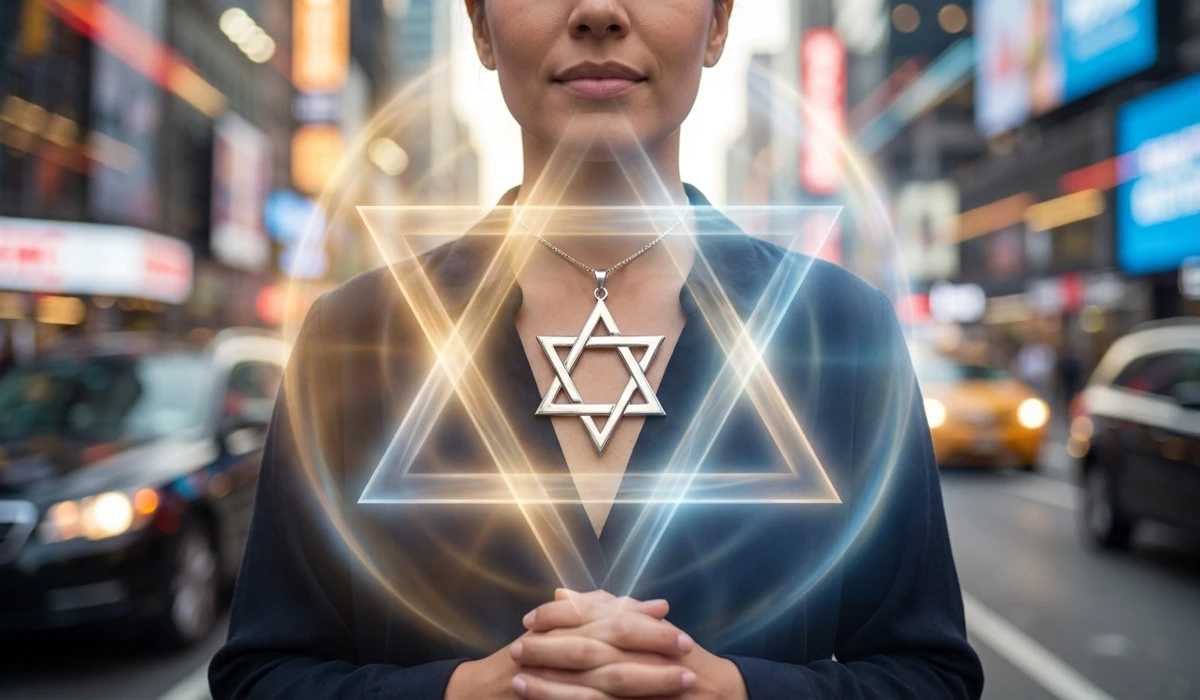 How to Use the Star of David as a Focal Point for Meditation 2 - Buddha Bodhis A close-up of a Star of David pendant worn as a protective talisman and mindfulness anchor in a modern city setting.