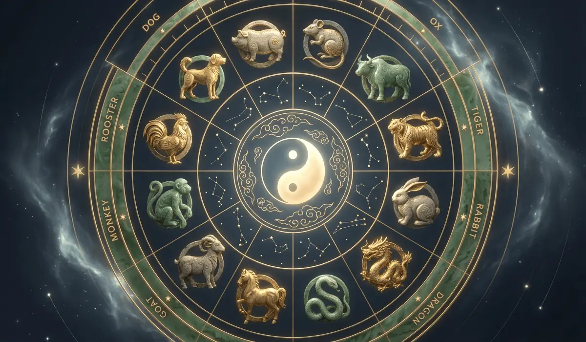 The 12 Chinese Zodiac Signs: A Guide to Personality Traits and Compatibility - Buddha Bodhis Celestial map of the 12 Chinese Zodiac signs in a golden mandala design representing personality traits and cosmic energy.