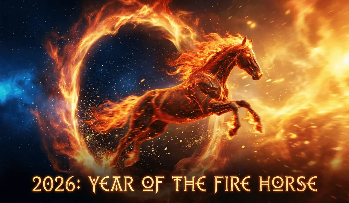 The 12 Chinese Zodiac Signs: A Guide to Personality Traits and Compatibility 4 - Buddha Bodhis A powerful Fire Horse jumping through a portal of flames representing the 2026 Year of the Fire Horse transition.