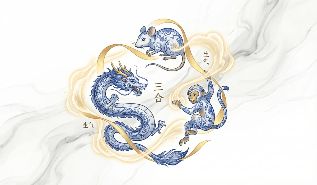 The 12 Chinese Zodiac Signs: A Guide to Personality Traits and Compatibility 3 - Buddha Bodhis Visual representation of the San He Triple Harmony triad showing the compatibility between the Dragon, Rat, and Monkey signs.