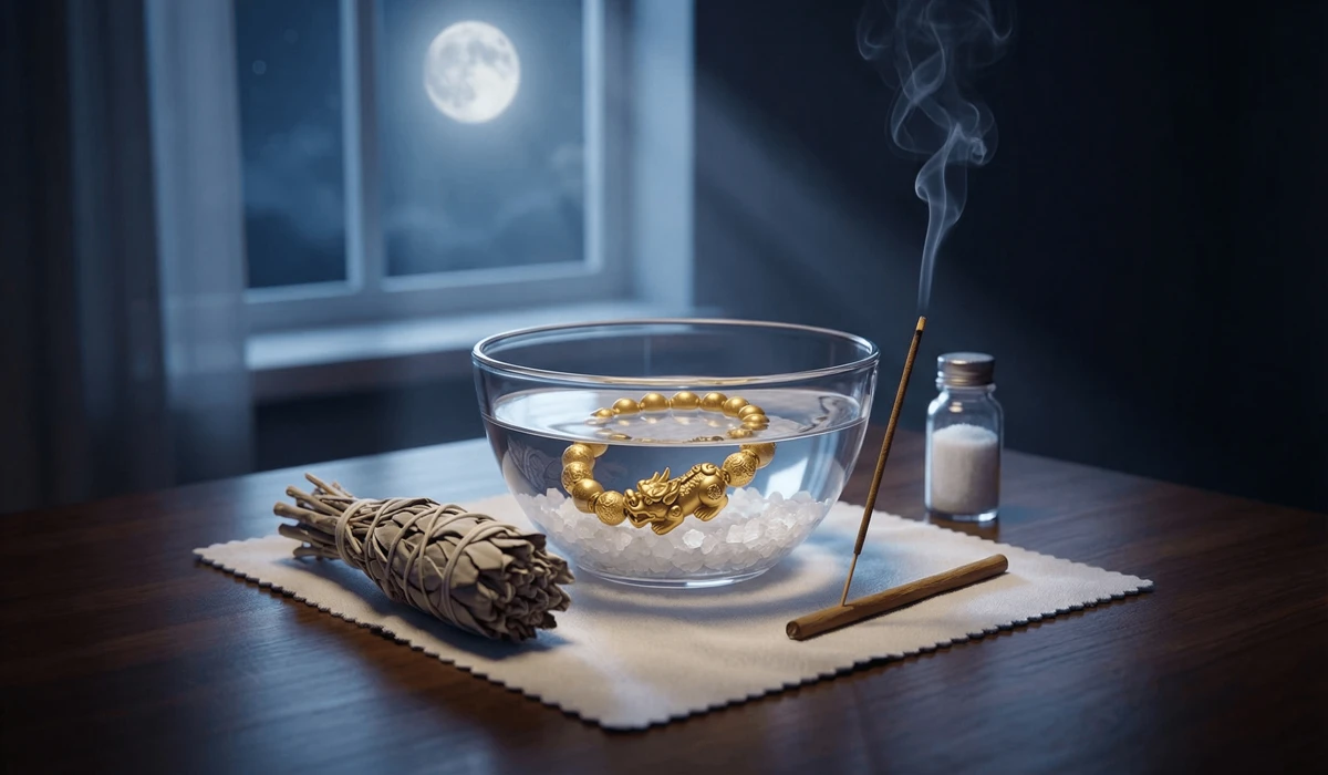 How to Wear a Men's Pixiu Bracelet: Rules for Attracting Wealth and Good Luck 1 - Buddha Bodhis Ritual tools for activating a Pixiu bracelet including purifying water, sea salt, and incense.