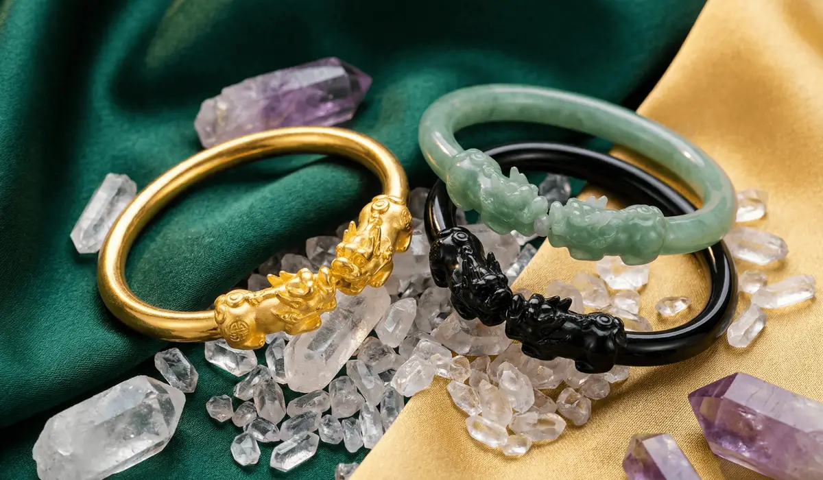 How to Wear a Men's Pixiu Bracelet: Rules for Attracting Wealth and Good Luck 4 - Buddha Bodhis Comparison of Pixiu bracelets in Gold, Jade, and Obsidian for different wealth and protection goals.