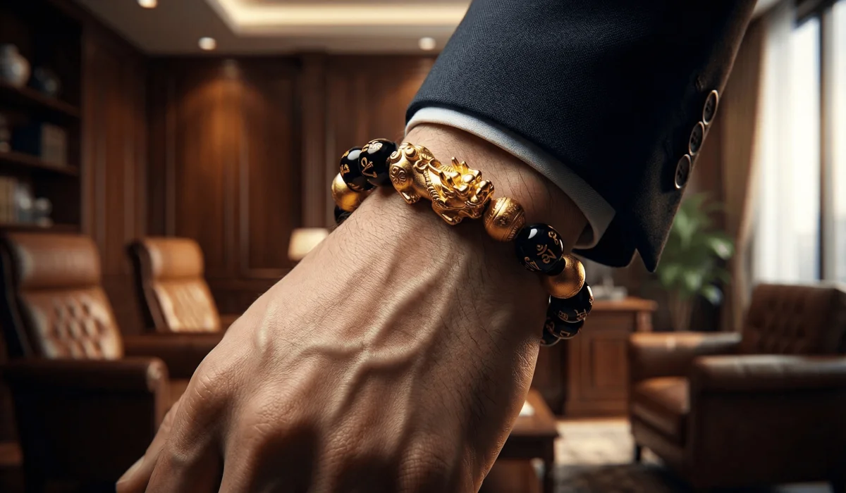 How to Wear a Men's Pixiu Bracelet: Rules for Attracting Wealth and Good Luck - Buddha Bodhis Man wearing a Pixiu bracelet on his left wrist with the head facing outward to attract windfall wealth.
