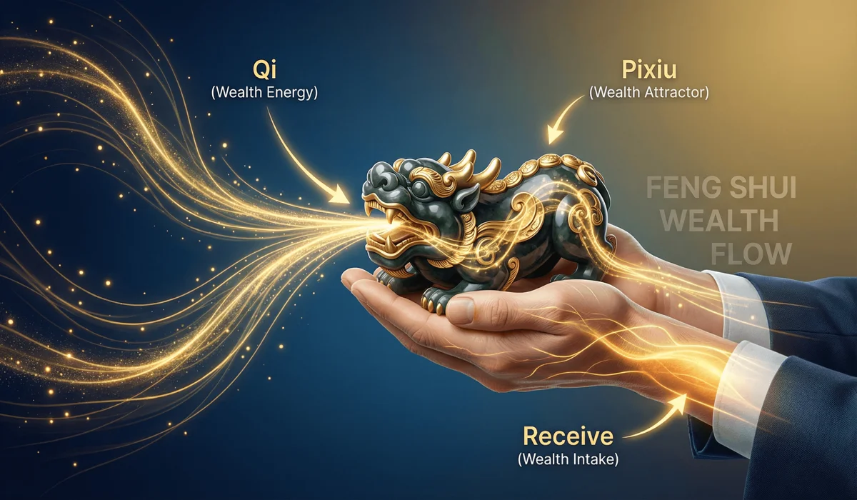 How to Wear a Men's Pixiu Bracelet: Rules for Attracting Wealth and Good Luck 3 - Buddha Bodhis Diagram showing how the Pixiu bracelet receives wealth energy through the left hand in Feng Shui.