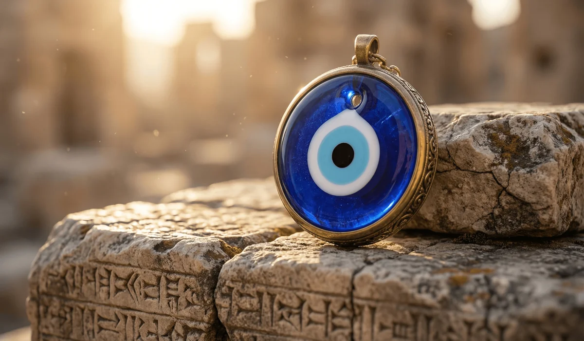 The Meaning of the Evil Eye: A Guide to Protection and Spiritual Symbolism - Buddha Bodhis A traditional blue glass Evil Eye necklace (nazar) resting on an ancient stone background, symbolizing protection and historical origins.