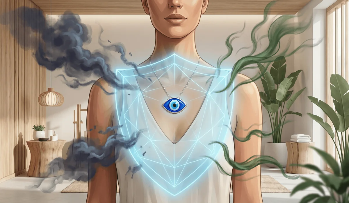 The Meaning of the Evil Eye: A Guide to Protection and Spiritual Symbolism 1 - Buddha Bodhis Conceptual illustration of an Evil Eye necklace acting as a spiritual shield, deflecting negative energy from the wearer's aura.