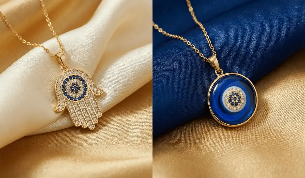 The Meaning of the Evil Eye: A Guide to Protection and Spiritual Symbolism 3 - Buddha Bodhis Comparison of a Hamsa hand symbol and a classic Evil Eye pendant, showcasing different spiritual protection jewelry.