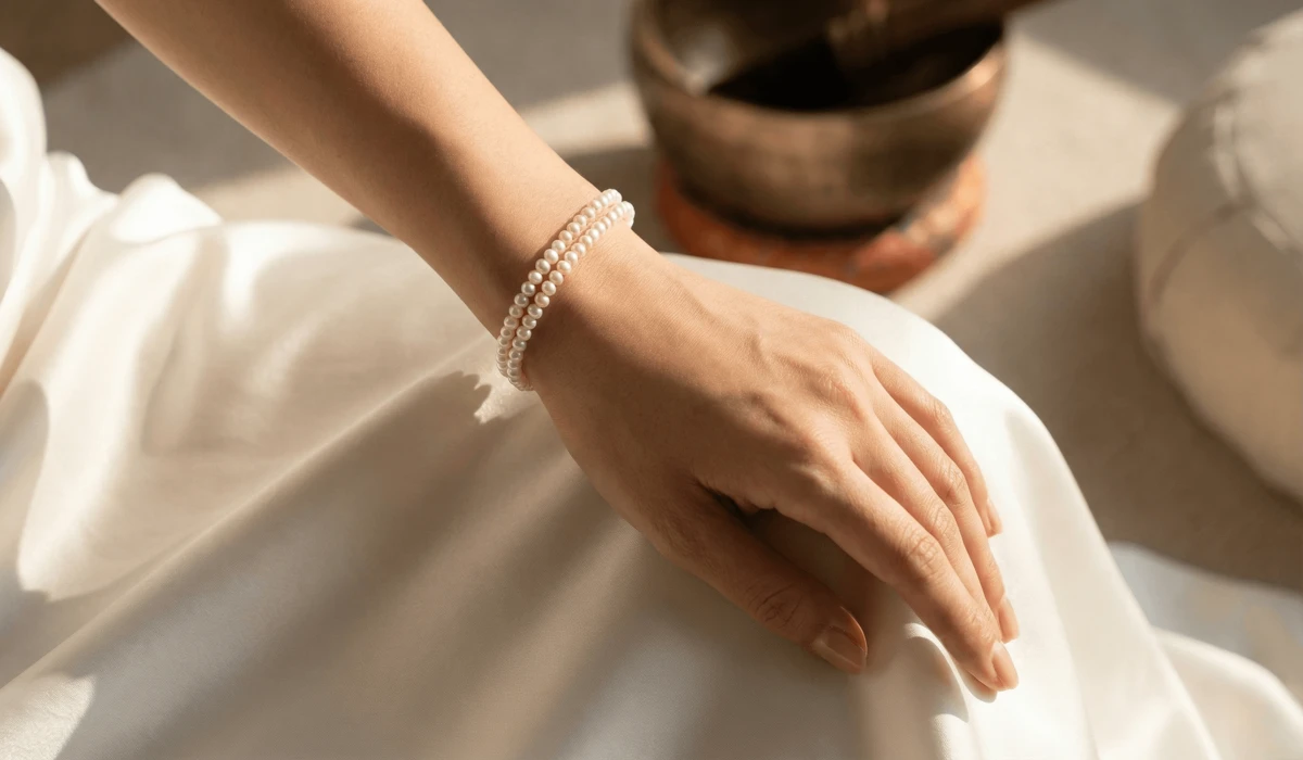 The Spiritual Meaning of Pearls: A Complete June Birthstone Guide 2 - Buddha Bodhis Elegant pearl bracelet worn on a wrist, showcasing the practice of wearing pearls for emotional balance and grace.
