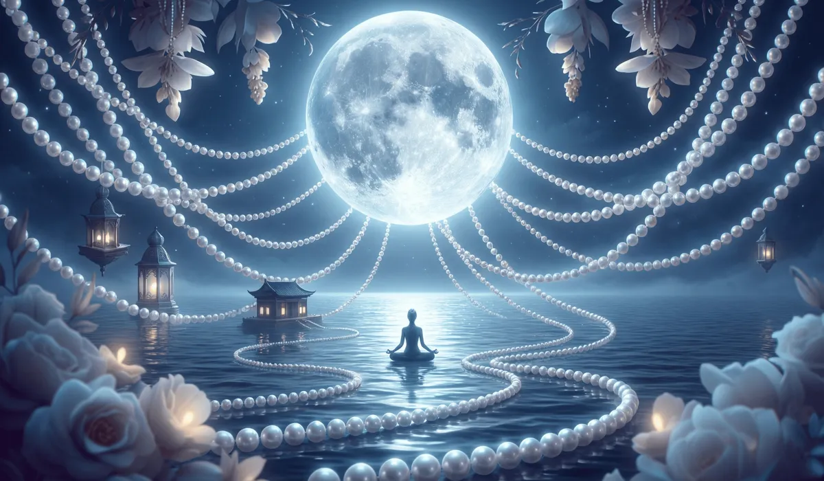 The Spiritual Meaning of Pearls: A Complete June Birthstone Guide 1 - Buddha Bodhis Mystical illustration of pearls connecting to lunar energy and the full moon over a calm sea, representing spiritual wisdom.