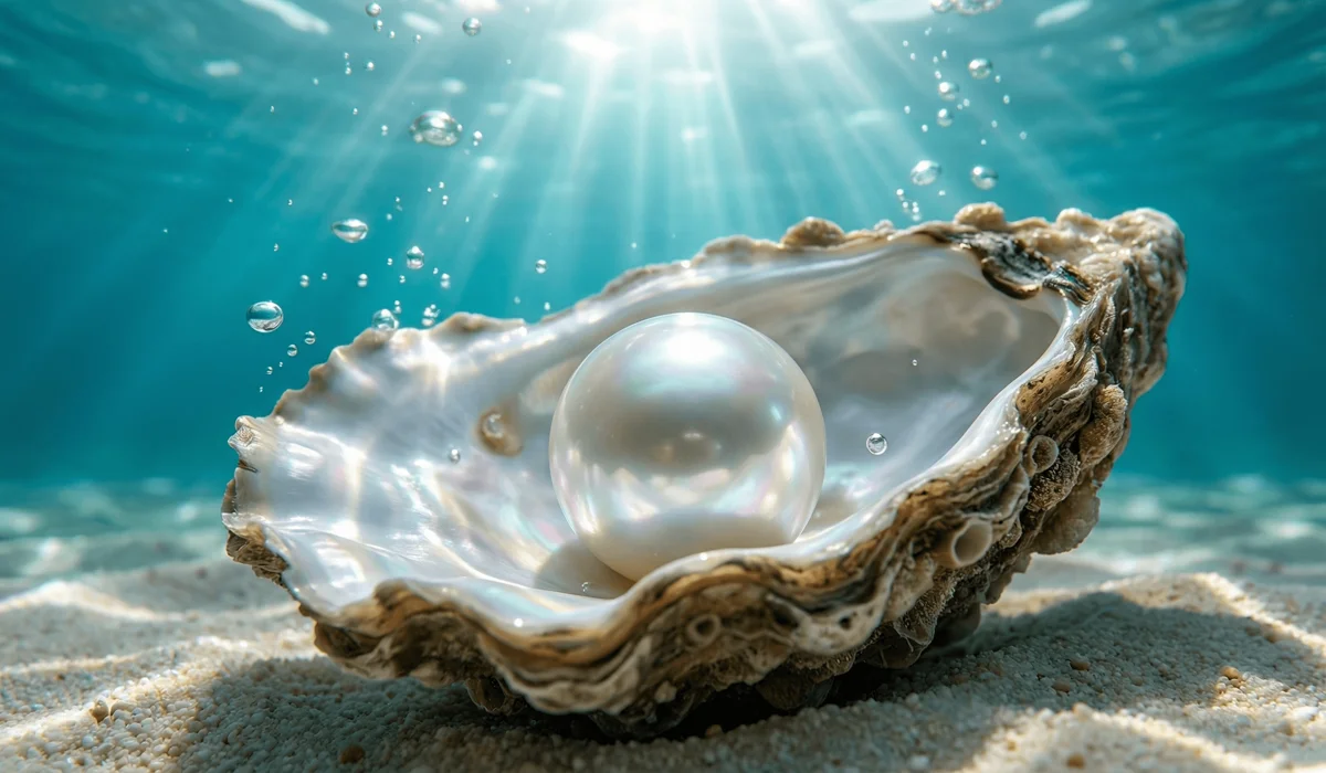 The Spiritual Meaning of Pearls: A Complete June Birthstone Guide - Buddha Bodhis A luminous white pearl inside an open oyster shell underwater, symbolizing the organic origin of the June birthstone.