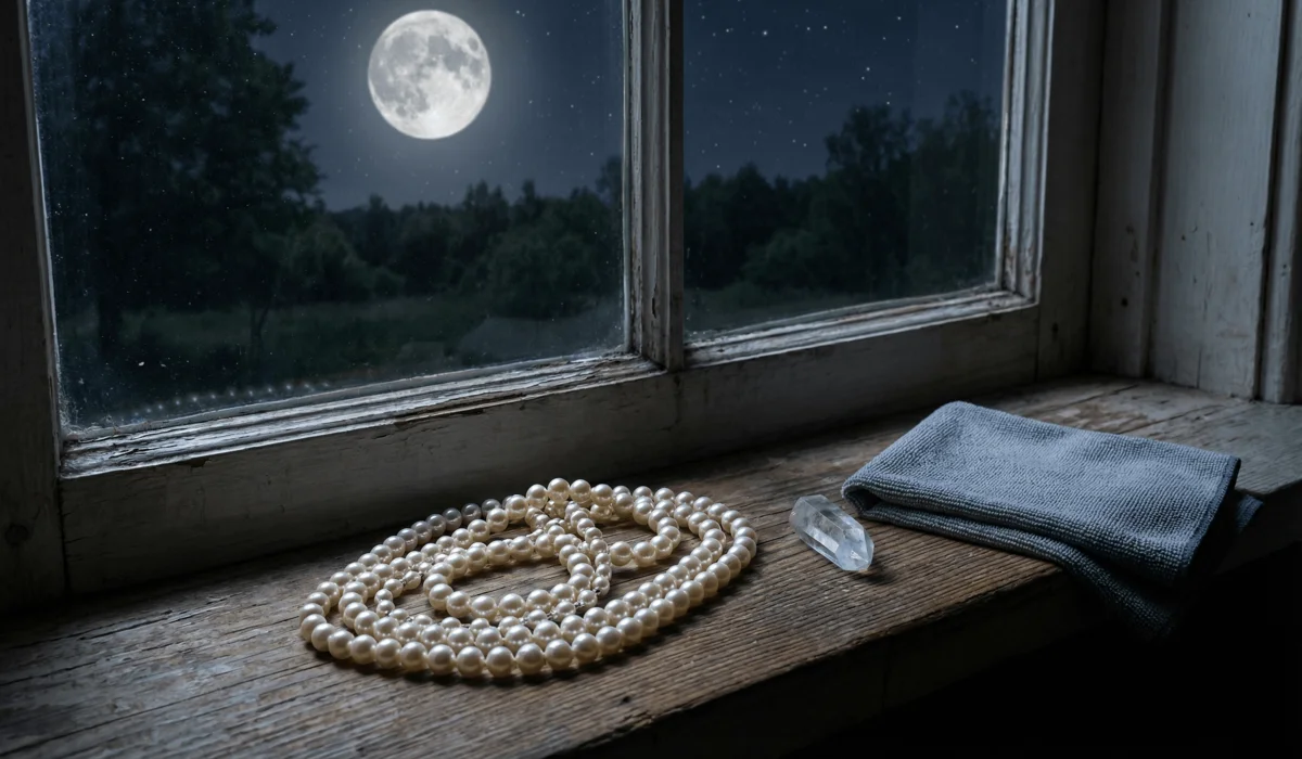 The Spiritual Meaning of Pearls: A Complete June Birthstone Guide 4 - Buddha Bodhis Pearl necklace being charged under the light of a full moon on a windowsill to replenish its spiritual energy.