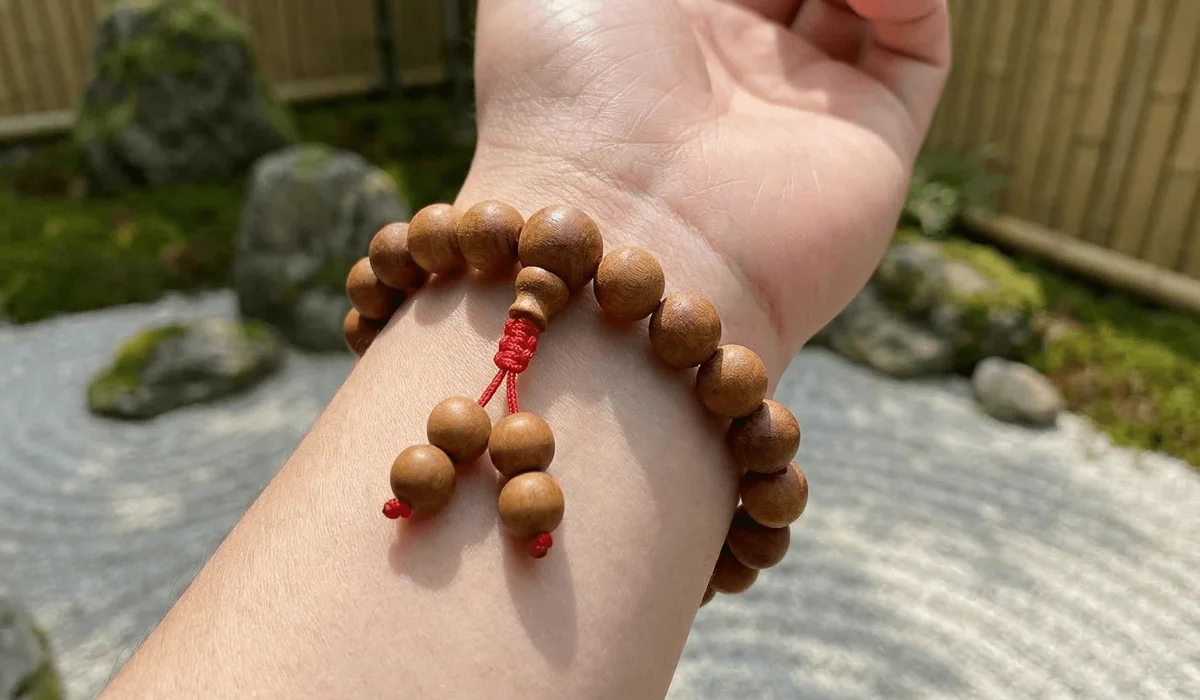 The Meaning and Significance of Wrist Mala Beads: A Guide to Mindfulness on the Go - Buddha Bodhis Close-up of a sandalwood wrist mala prayer bracelet worn on the pulse point for mindfulness.