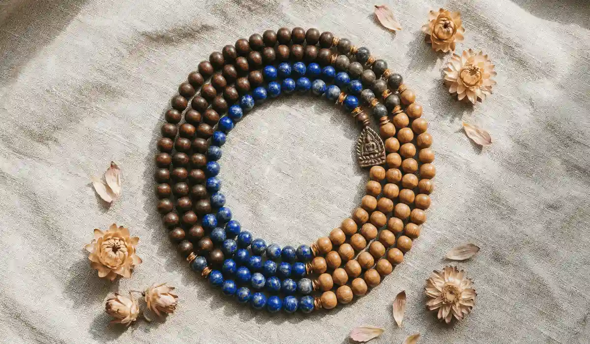 The Meaning and Significance of Wrist Mala Beads: A Guide to Mindfulness on the Go 1 - Buddha Bodhis Collection of traditional mala bead materials including bodhi seeds, gemstones, and sandalwood.