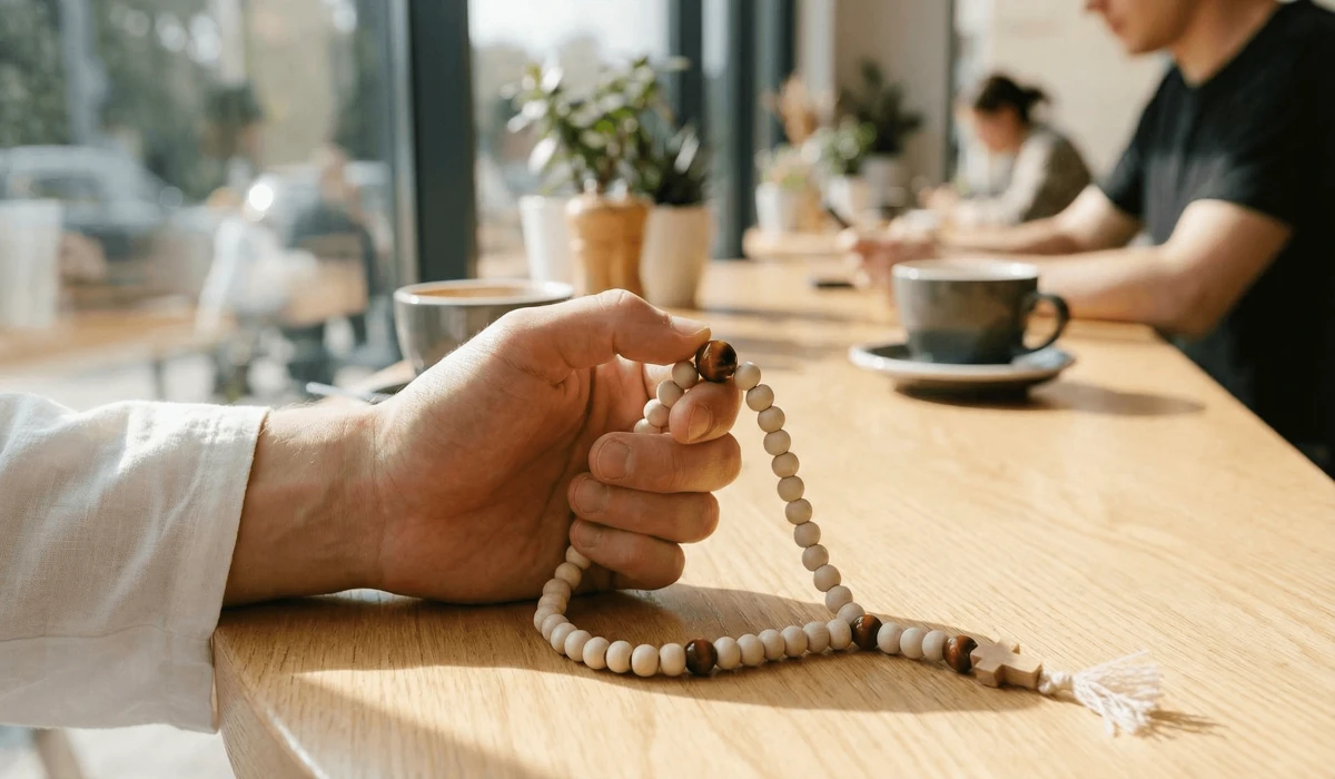 The Meaning and Significance of Wrist Mala Beads: A Guide to Mindfulness on the Go 2 - Buddha Bodhis A person using a wrist mala for mantra counting and stress relief in a modern setting.