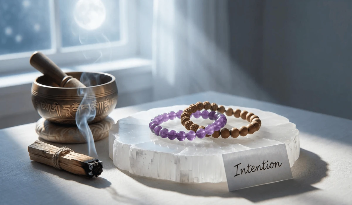 The Meaning and Significance of Wrist Mala Beads: A Guide to Mindfulness on the Go 4 - Buddha Bodhis Spiritual cleansing ritual of a wrist mala with selenite and a Tibetan singing bowl under moonlight.
