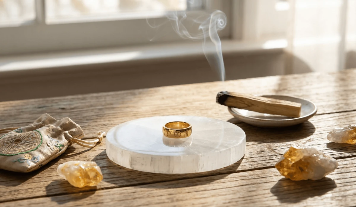 The Best Fingers to Wear a Ring for Wealth and Financial Abundance 4 - Buddha Bodhis Cleansing and charging a Feng Shui wealth ring using Selenite and Palo Santo smoke.