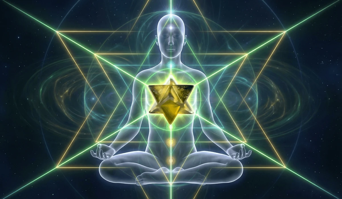 The Spiritual Meaning and Symbolism of the Six-Pointed Star 3 - Buddha Bodhis Visualization of the Merkaba star tetrahedron at the heart chakra during spiritual meditation for astral expansion.