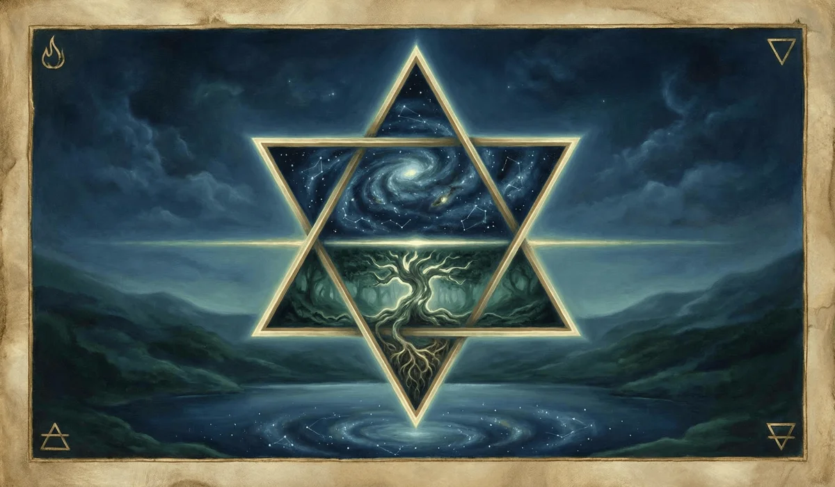 The Spiritual Meaning and Symbolism of the Six-Pointed Star 1 - Buddha Bodhis Hexagram symbol illustrating the Hermetic principle of As Above So Below, connecting the macrocosm of the universe with the microcosm of the soul.
