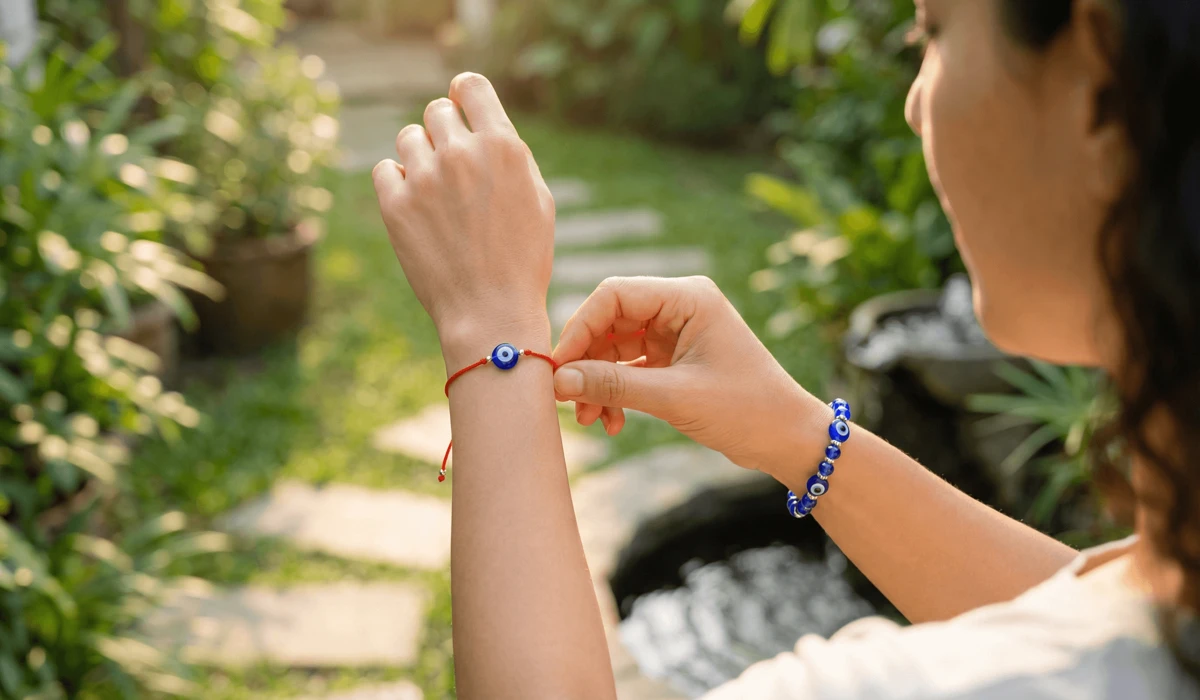 What It Means When Your Evil Eye Bracelet Breaks: Spiritual Significance and Next Steps 2 - Buddha Bodhis Person wearing Evil Eye bracelets on both wrists to balance internal and external energy protection.