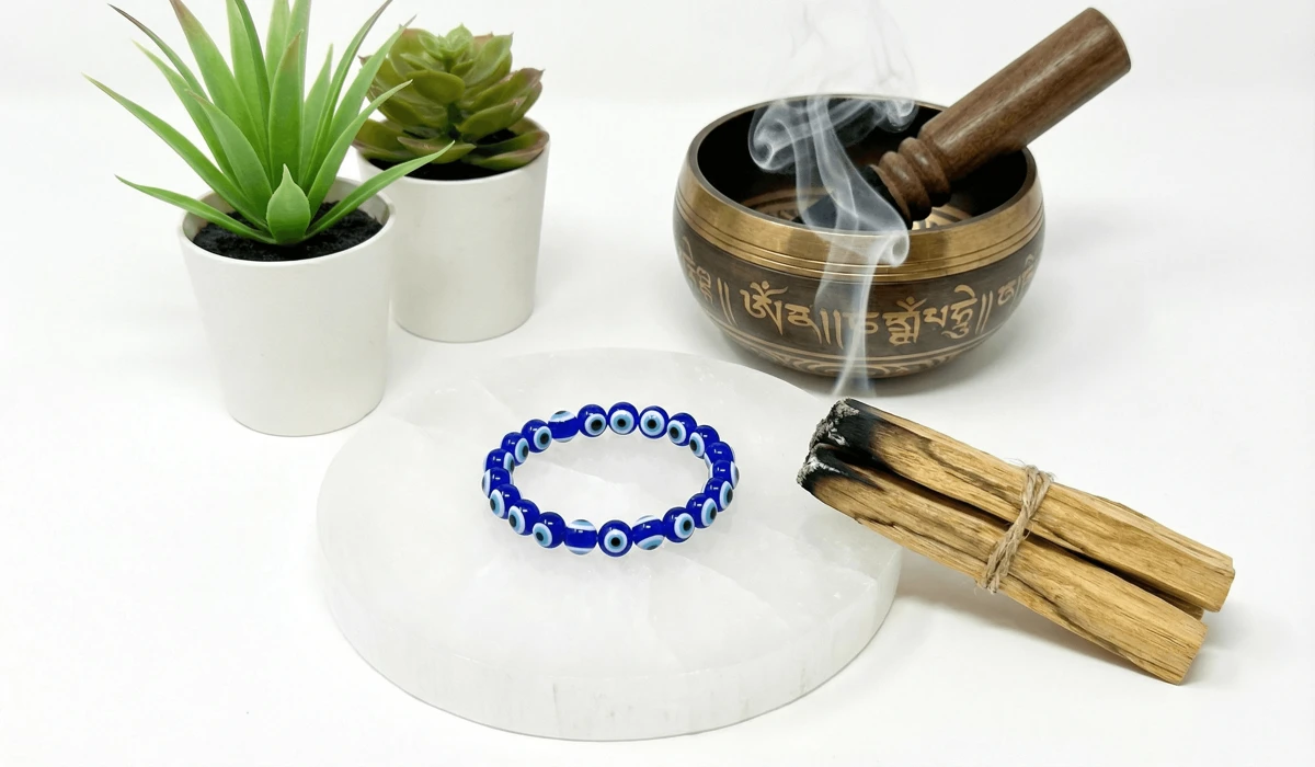 What It Means When Your Evil Eye Bracelet Breaks: Spiritual Significance and Next Steps 3 - Buddha Bodhis Cleansing an Evil Eye bracelet using a Selenite plate and Palo Santo smoke to purify its energy.