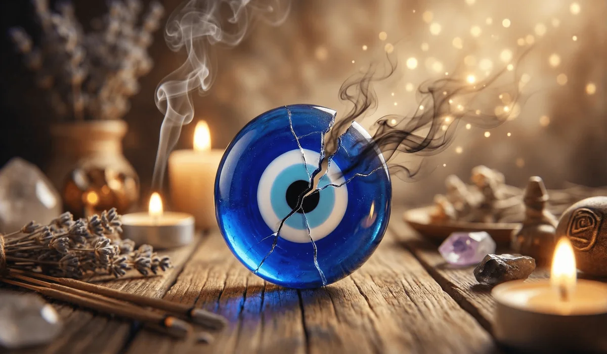 What It Means When Your Evil Eye Bracelet Breaks: Spiritual Significance and Next Steps 1 - Buddha Bodhis A cracked Evil Eye bead symbolizing the absorption and deflection of negative energy.