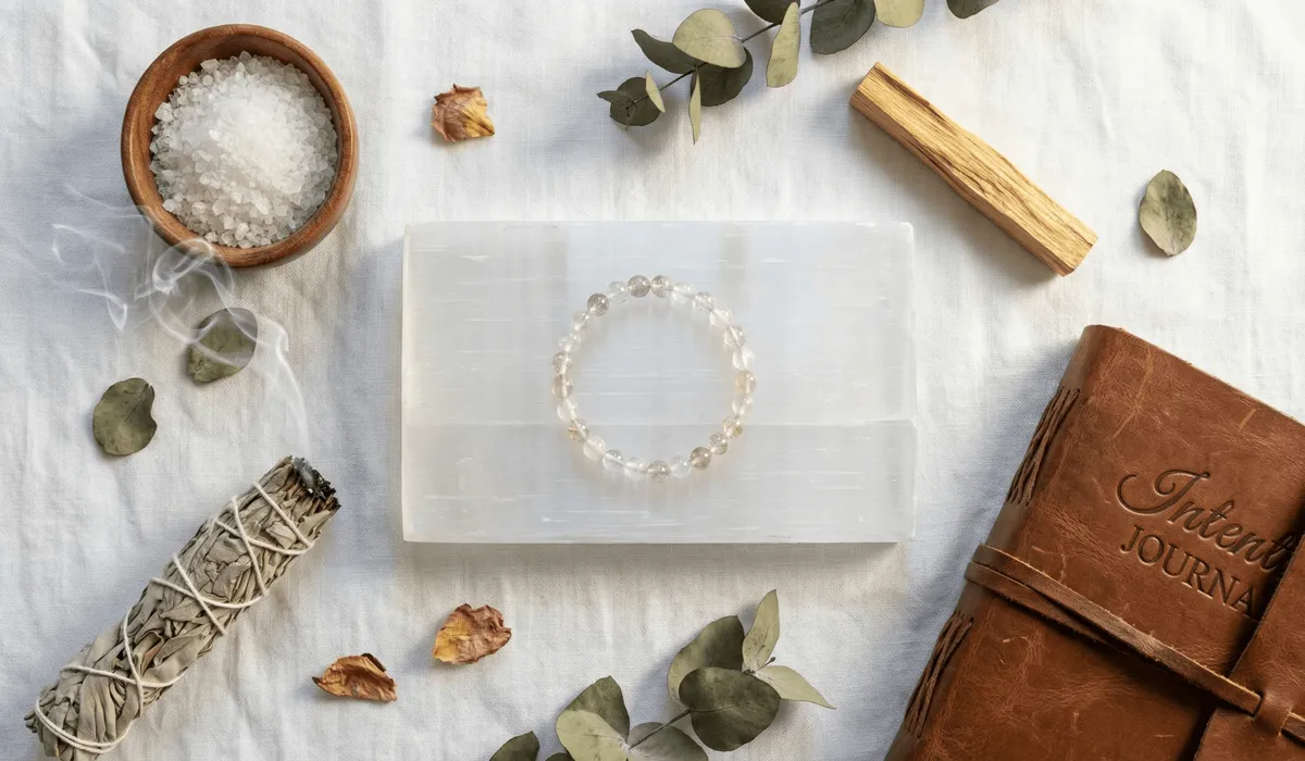 Which Hand Should You Wear Your Crystal Bracelets On? The Meaning of Left vs. Right Wrist - Buddha Bodhis Crystal bracelet cleansing ritual set with sage, palo santo, and selenite plate for spiritual preparation.
