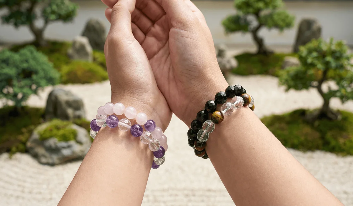 Which Hand Should You Wear Your Crystal Bracelets On? The Meaning of Left vs. Right Wrist 2 - Buddha Bodhis Correct placement of Rose Quartz on the left wrist for receiving and Black Tourmaline on the right wrist for protection.