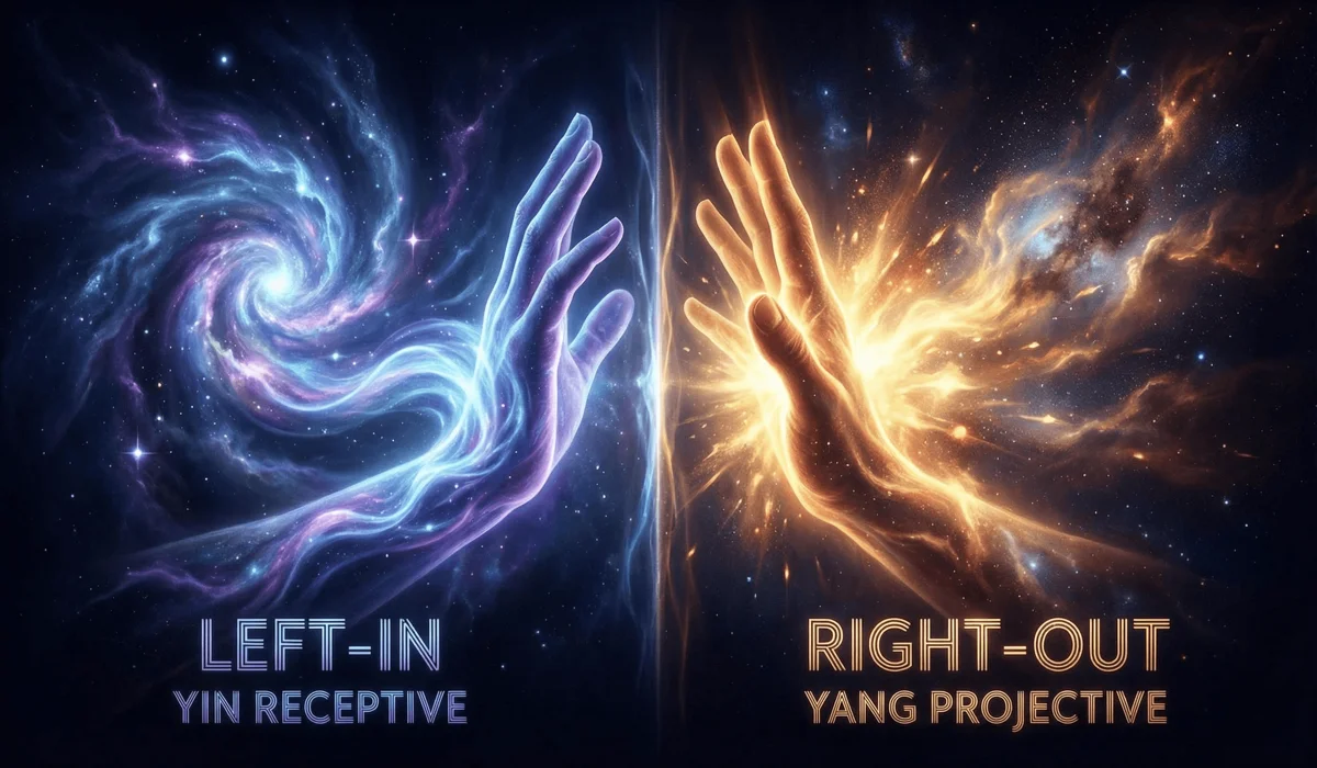 Which Hand Should You Wear Your Crystal Bracelets On? The Meaning of Left vs. Right Wrist 1 - Buddha Bodhis Infographic style visualization of the Yin and Yang energy flow for crystal bracelet placement on left and right hands.