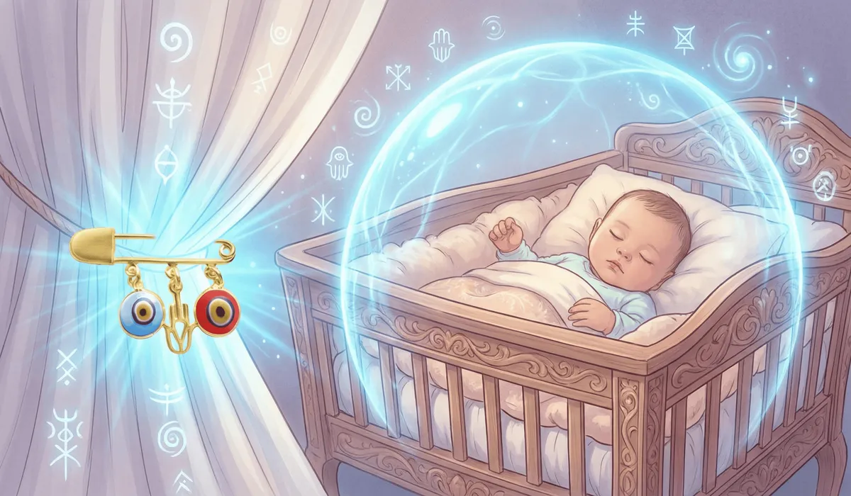The Meaning of the Evil Eye Safety Pin: Protecting Babies and Toddlers from Negative Energy 1 - Buddha Bodhis Conceptual illustration of an evil eye safety pin creating an invisible spiritual shield around a sleeping newborn.