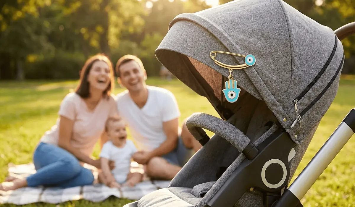The Meaning of the Evil Eye Safety Pin: Protecting Babies and Toddlers from Negative Energy 2 - Buddha Bodhis A blue evil eye protective charm pinned to a modern baby stroller for safety from negative energy during travel.